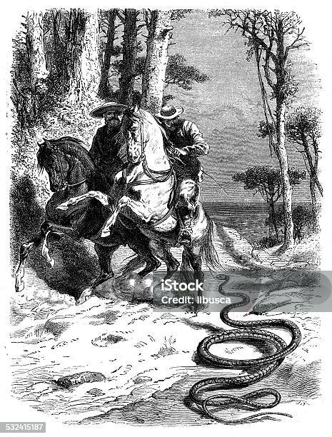 Antique Illustration Of Snake Attacking People On Horses Stock Illustration - Download Image Now