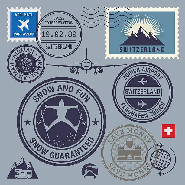 Vector illustration of Switzerland theme stamps or labels set