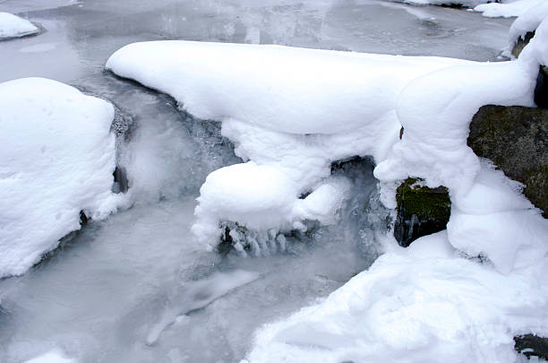 Stream flowing through  snow-covered ice: North Ayrshire, Scotland