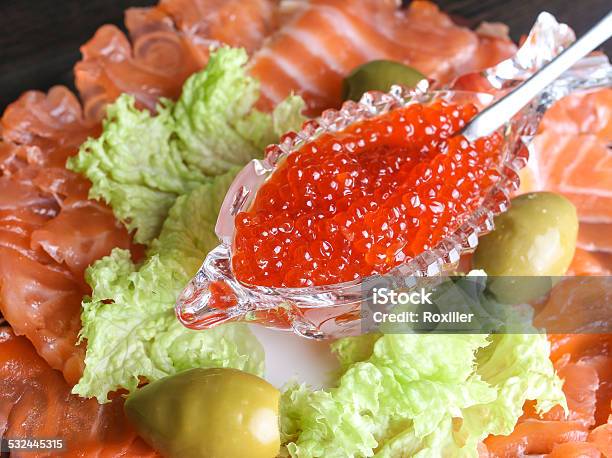Red Caviar With Salmon And Green Salad Stock Photo - Download Image Now - 2015, Ammunition, Appetizer