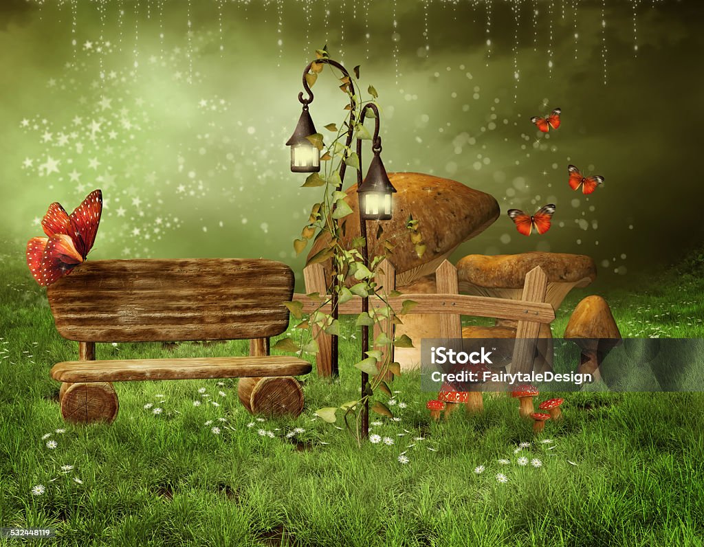 Enchanted fairy garden Green scenery with an enchanted fairy garden with a bench and lanterns Bench Stock Photo