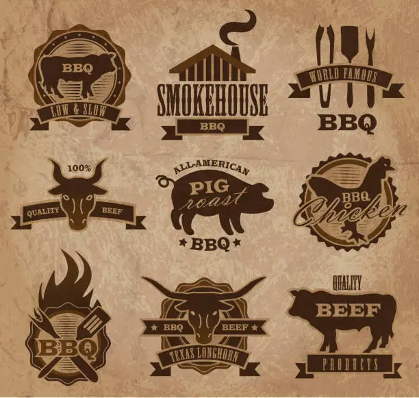 Vector illustration of Assorted barbecue, beef, chicken and pork, labels on paper texture