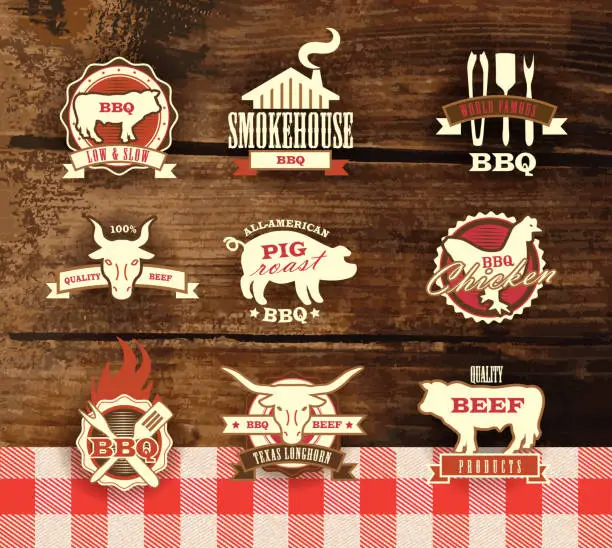 Vector illustration of Assorted barbecue, beef, chicken and pork, labels on woodgrain background