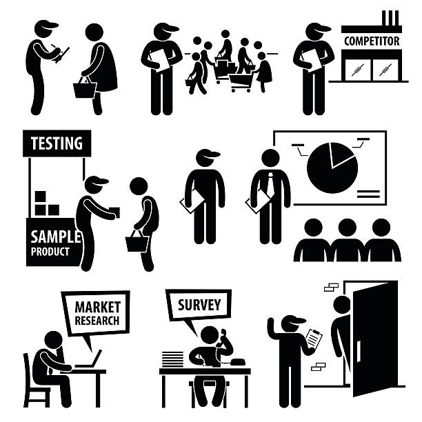 Business Market Survey Analysis Research Icons A set of human pictogram representing company staff doing surveys and market analysis on the public and competitors. census stock illustrations