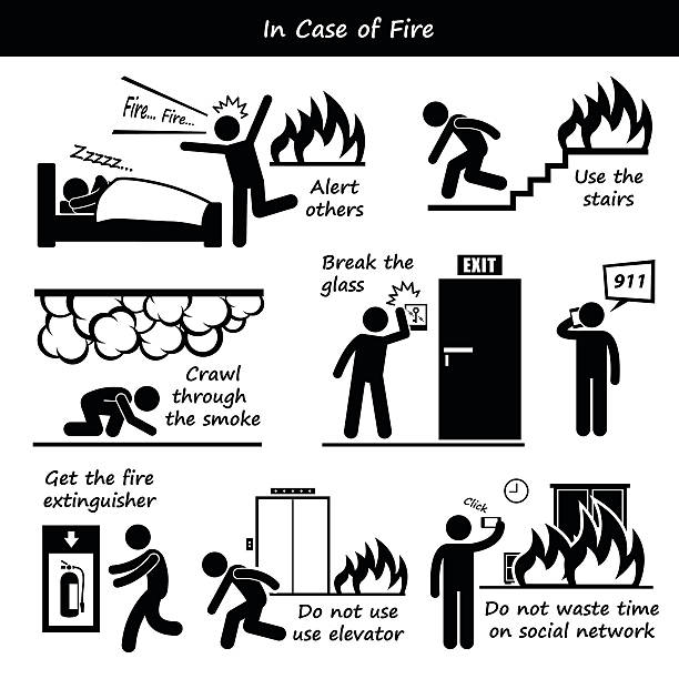 In Case of Fire Emergency Plan Icons A set of human pictogram representing fire emergency action plan and preparedness. emergency plan document stock illustrations