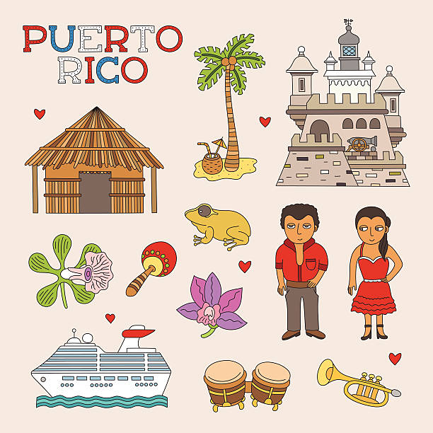 ilustraciones, imágenes clip art, dibujos animados e iconos de stock de vector de doodle de arte de puerto rico para viajes y turismo - puerto rico