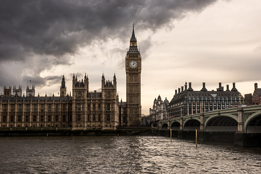 London - The Houses of Parliament and the Big Ben under thick dark clouds.