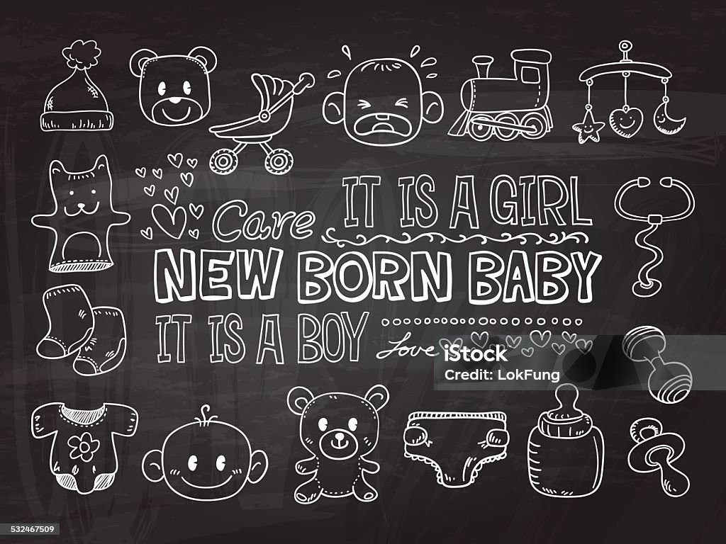 Baby goods with text in black and white - Illustration Doodle stock vector