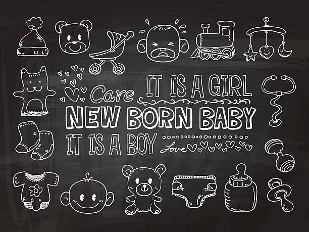 Vector illustration of Baby goods with text in black and white - Illustration