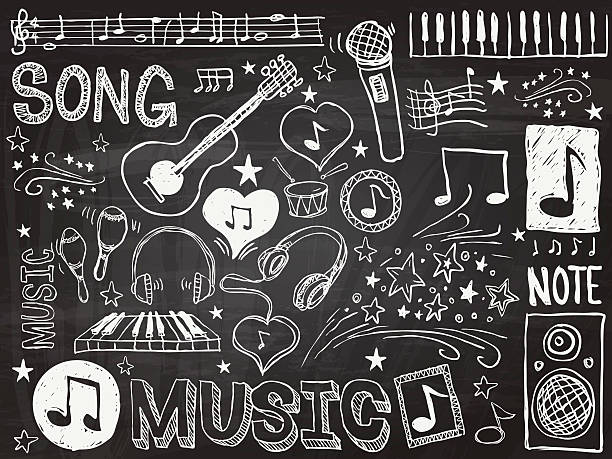 illustrazioni stock, clip art, cartoni animati e icone di tendenza di musica elementi schizzo - drawing symbol chalk blackboard