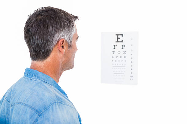 istock Man with grey hair doing a eye test 532470669