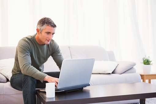 Cheerful man sitting on couch using laptop at home in the living room