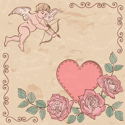Cupid and heart with roses. Beautiful ornament of renaissance epoch. Colorful vector illustration. 