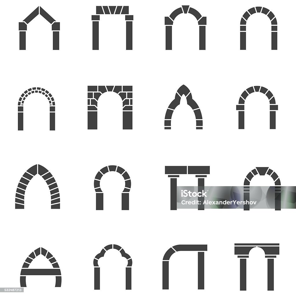 Black icons vector collection of arches Set of black silhouette vector icons for different types of arch on white background. Arch - Architectural Feature stock vector