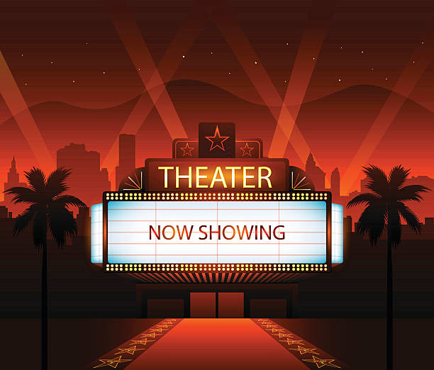 ilustraciones, imágenes clip art, dibujos animados e iconos de stock de mostrando ahora cine película banner señal - theater marquee
