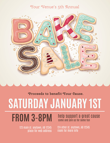 Hand drawn type that says Bake Sale in the shape of delicious and colorful cookies on a flyer, brochure, poster template layout. This is an eps10 file with blends and transparency
