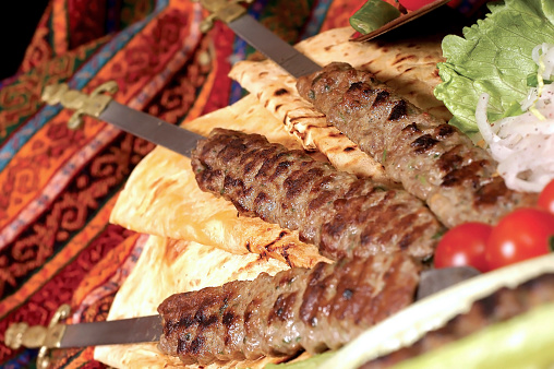 traditional turkish sish kebab and pittas on the table