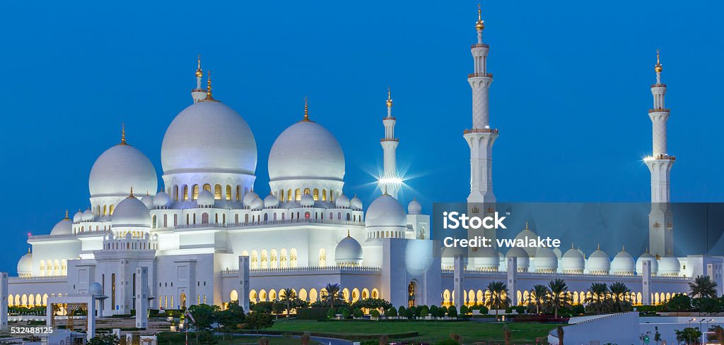 Panoramic view of Abu Dhabi Sheikh Zayed Mosque by night Panoramic view of Abu Dhabi Sheikh Zayed Mosque by night, UAE Abu Dhabi Stock Photo