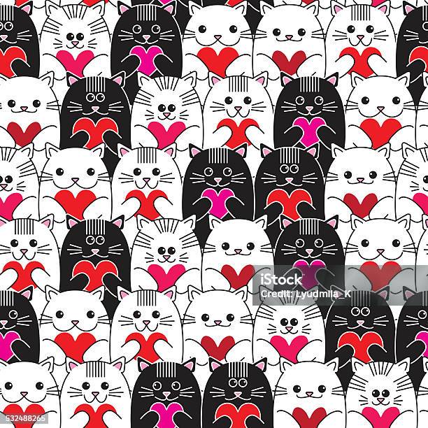 Cats With Hearts In Hands Seamless Vector Pattern Stock Illustration - Download Image Now - 2015, Animal, Animal Body Part