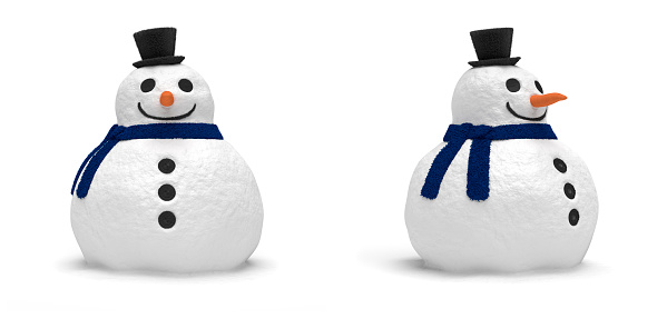 Happy snowman looking to front and right, isolated over white.