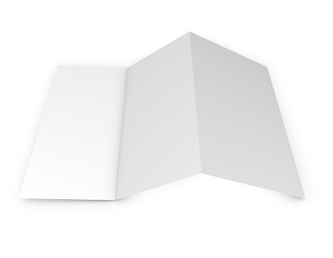 Blank three page leaflet on table with empty copy space 3d render isolated.