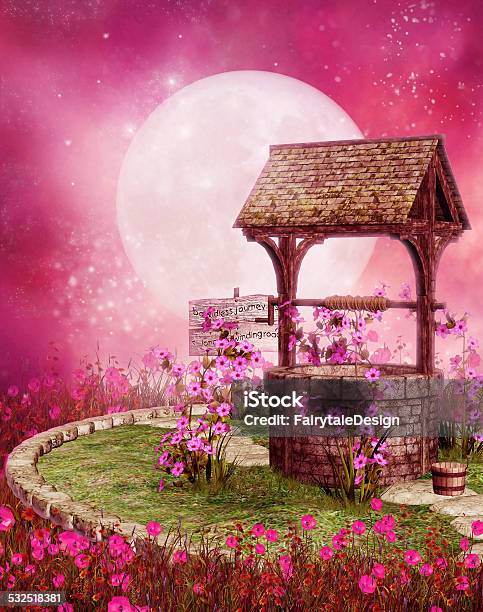 Old Well In A Pink Scenery Stock Photo - Download Image Now - 2015, Bucket, Fairy Tale