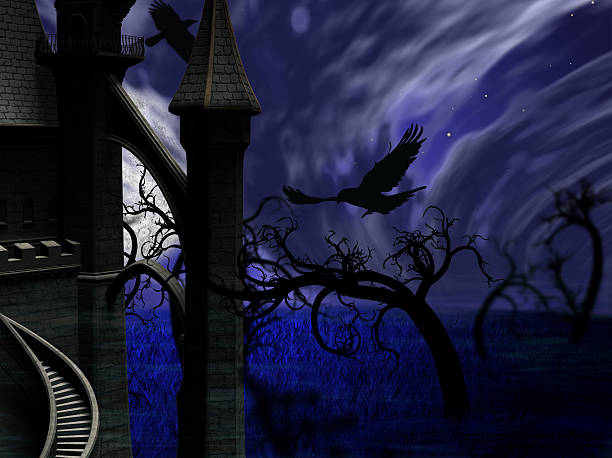 istock Illustration of night forest with full moon, castle and ravens 532521083