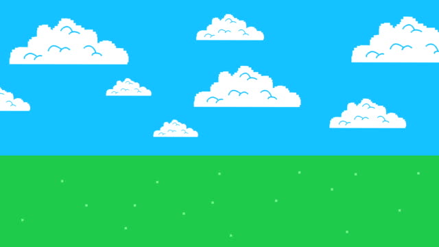 Old Retro Video Game Arcade Clouds Moving on a Blue Sky and Grass