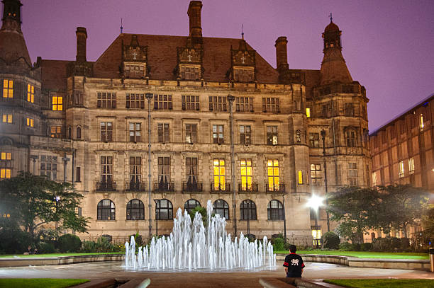 Sheffield Town Hall and fountains at night