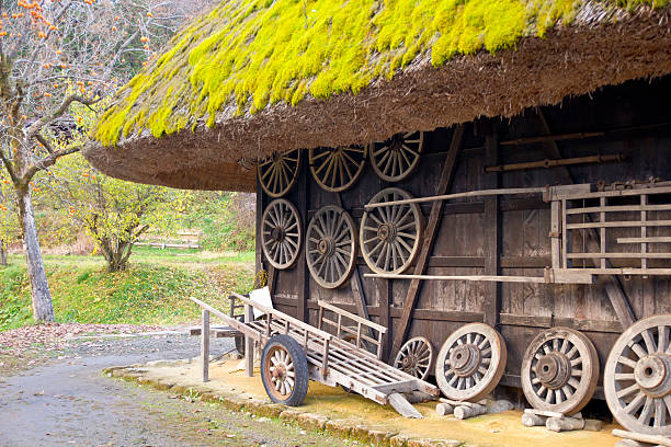 Wood hut with thatch roof and farmer tools wheels on a country landscape.