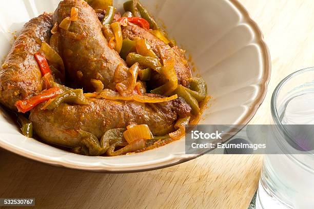 Sausage Onions And Peppers Stock Photo - Download Image Now - 2015, Barbecue - Meal, Barbecue Grill