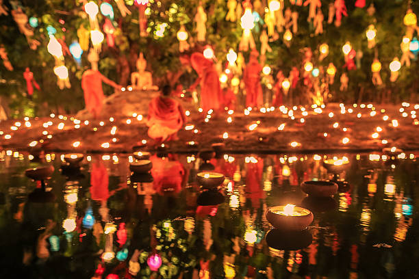 istock Floating candle with monk and buddha image in Thai temple 532535705