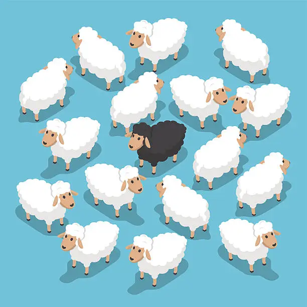 Vector illustration of Isometric black sheep in the flock