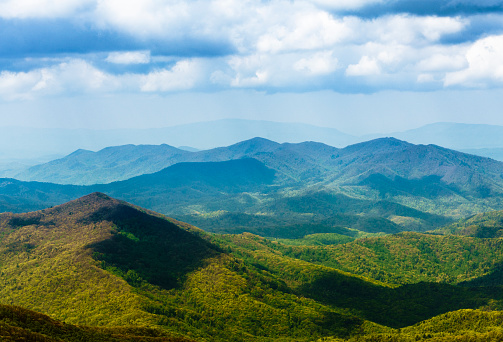 Scenic view to Great Smoky Mountains and Nantahala National Forest from the Hooper Bald Overlook at Cherohala Skyway, North Carolina, North America, USA. Elevation 5290Ft.