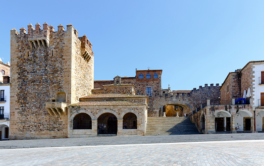 Caceres Extremadura Spain. Bujaco Tower, Chapel of Peace and bow of the Star in the Plaza Mayor.