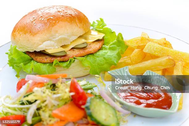 Burger With Fries And Salad Stock Photo - Download Image Now - 2015, Beef, Bread