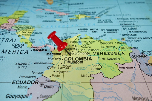 Pushpin marking on Bogota, Colombia map.