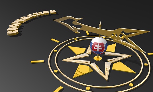 Red arrow of a compass pointing to the word business. 3D Rendering. Slovenia business metaphor