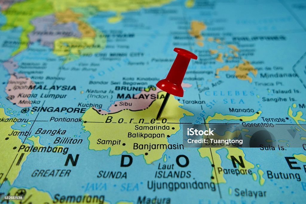 Pushpin marking on Borneo map Island of Borneo Stock Photo