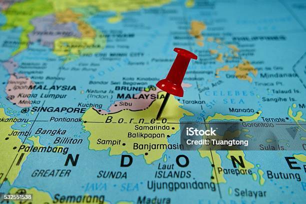 Pushpin Marking On Borneo Map Stock Photo - Download Image Now - Island of Borneo, Map, Island