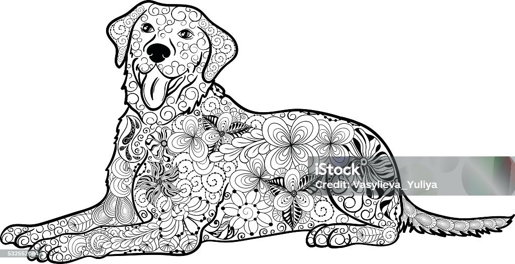 Labrador Dog doodle Illustration "Labrador Dog" was created in doodling style in black and white colors.  Painted image is isolated on white background.  It  can be used for coloring books for adult. Coloring Book Page - Illlustration Technique stock vector