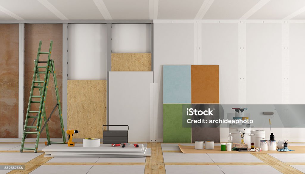 architectural restoration of an old room architectural restoration of an old room and selection of the color swatch - 3d rendering Restoring Stock Photo
