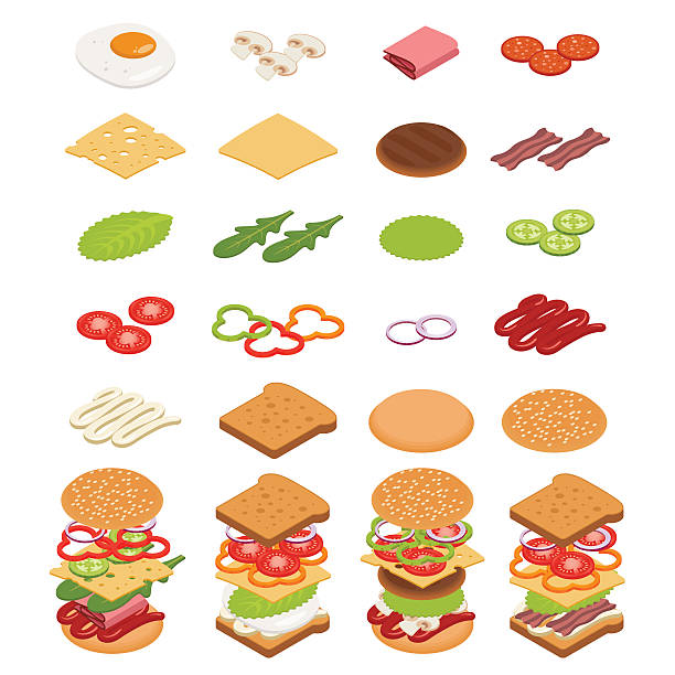izometryczny składniki do przygotowania burgerów i kanapkami. - backgrounds beef close up cooked stock illustrations
