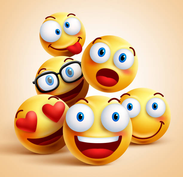 ilustraciones, imágenes clip art, dibujos animados e iconos de stock de gente sonriente grupo de vector de de caracteres con expresiones faciales emoticono - color image emoticon behavior yellow