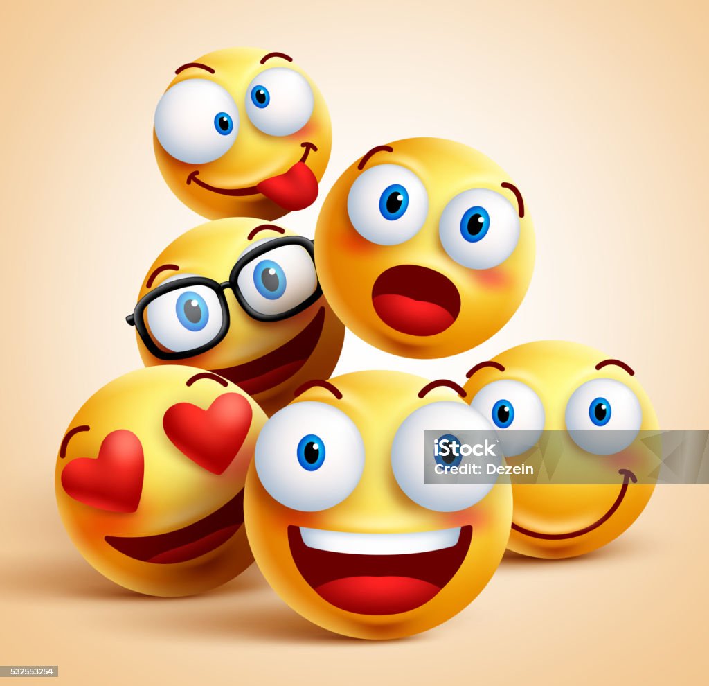 Smiley faces group of vector emoticon characters with facial expressions Smiley faces group of vector emoticon characters with funny facial expressions. 3D realistic vector illustration Emoticon stock vector