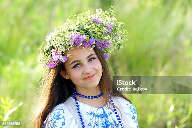 Young Girl With Flower Garland Stock Photo - Download Image Now - Adult, Adults Only, Affectionate