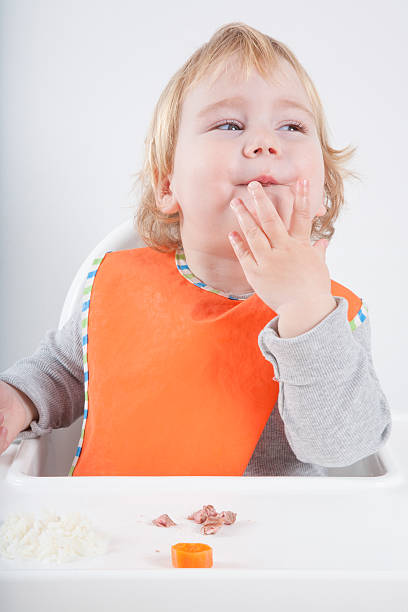 baby likes meal blonde caucasian baby seventeen month age orange bib grey sweater eating meal in white high-chair surprised looking at carrot and tuna kids eating tuna stock pictures, royalty-free photos & images