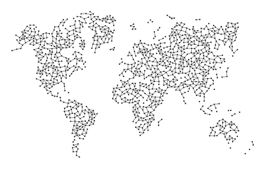 Global network, complex network shaped world map.