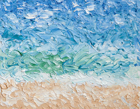 Summer abstract oil painting background. Sky, clouds,sea,beach. Palette knife oil paint.