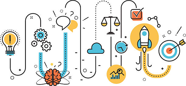 Graph of startup process for website banner and landing page Flat line illustration of graph born business project startup process from idea to success for website banner and landing page, infographics, logo and icon. Concept for printed materials landing home interior stock illustrations